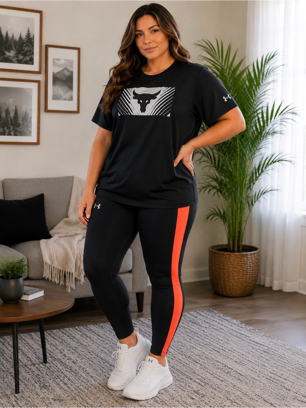 Under Armour Black XL Leggings with Orange  Side Stripe with project rock shirt